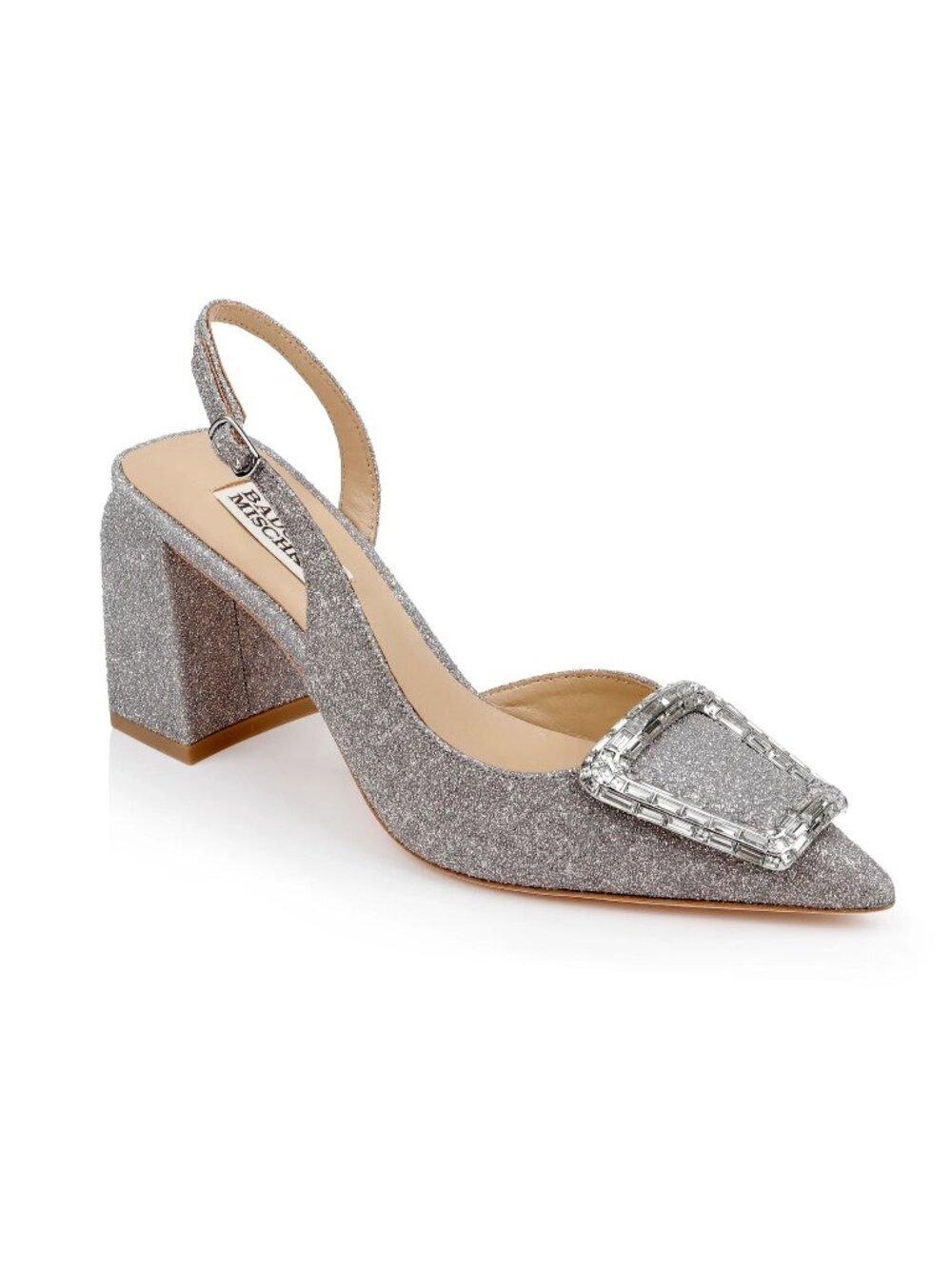 Badgley Mischka Womens Silver Glitter Slingback Heels Size 7 Crystal Buckle.